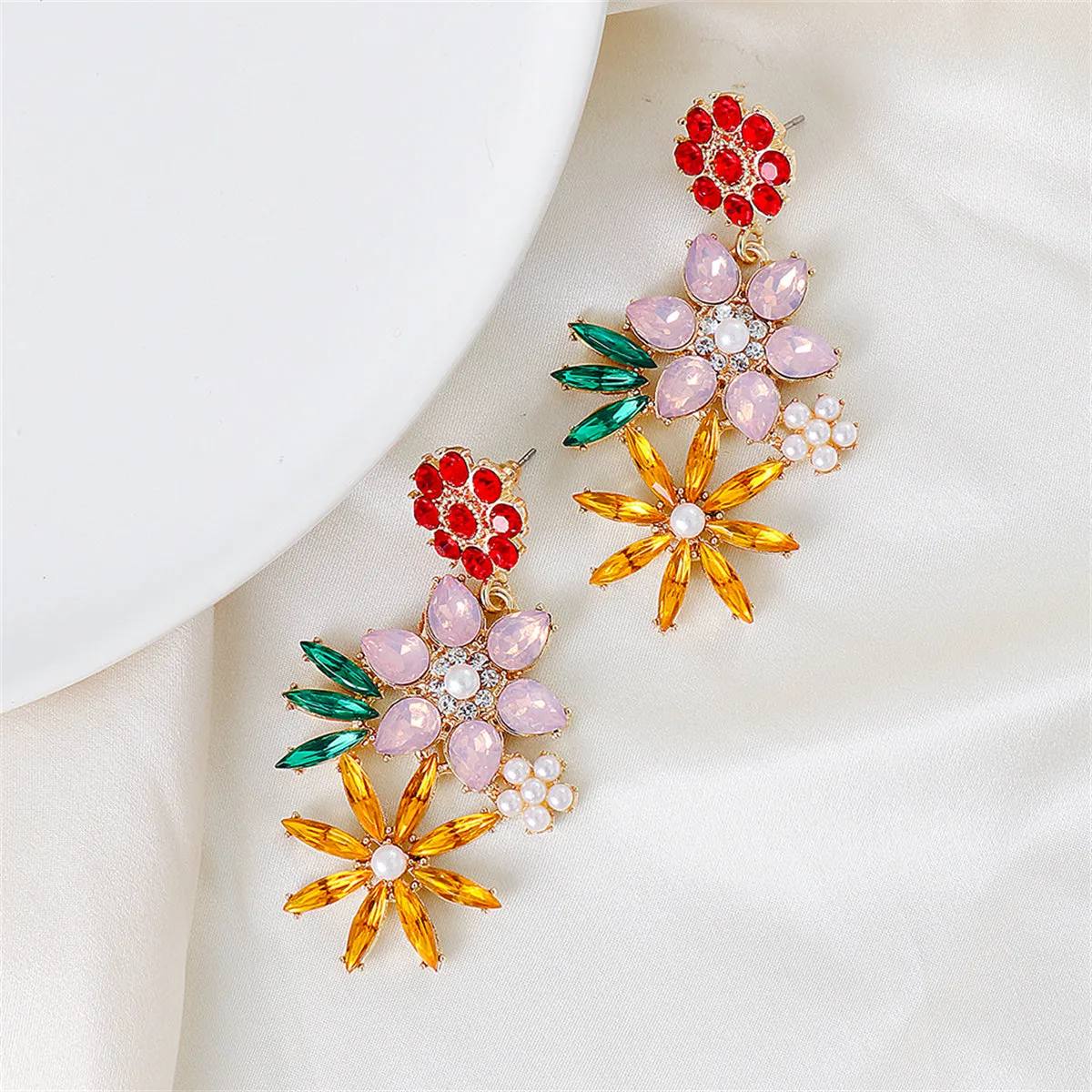 Red Multicolor Crystal & Cubic Zirconia Floral Drop Earrings