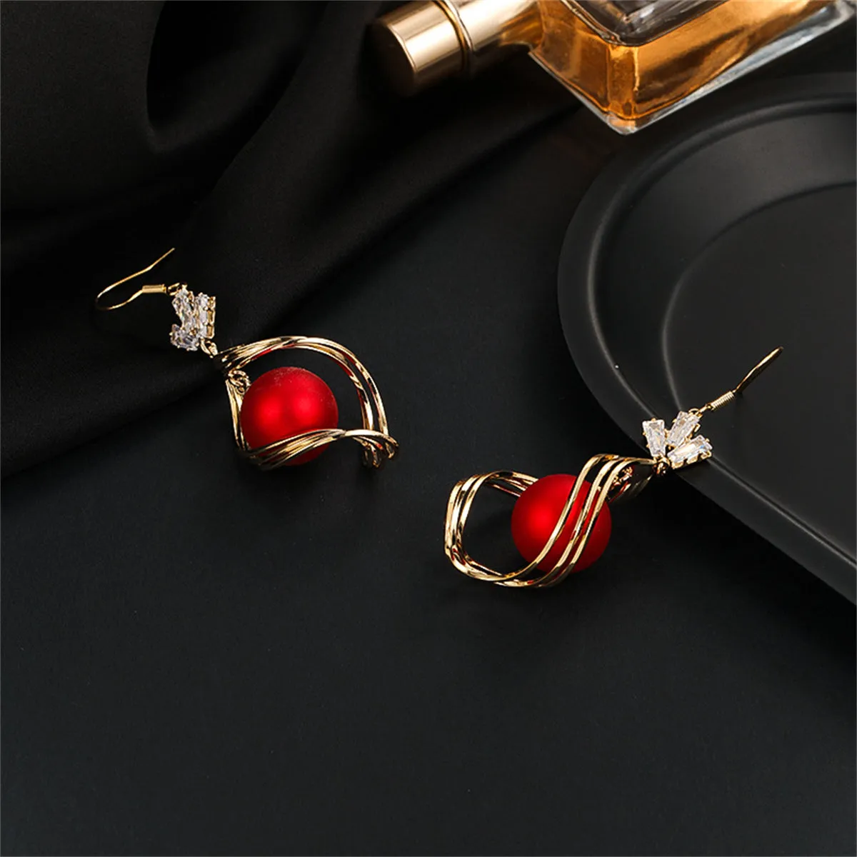 Red Resin & Clear Crystal 18K Gold-Plated Swirl Drop Earrings