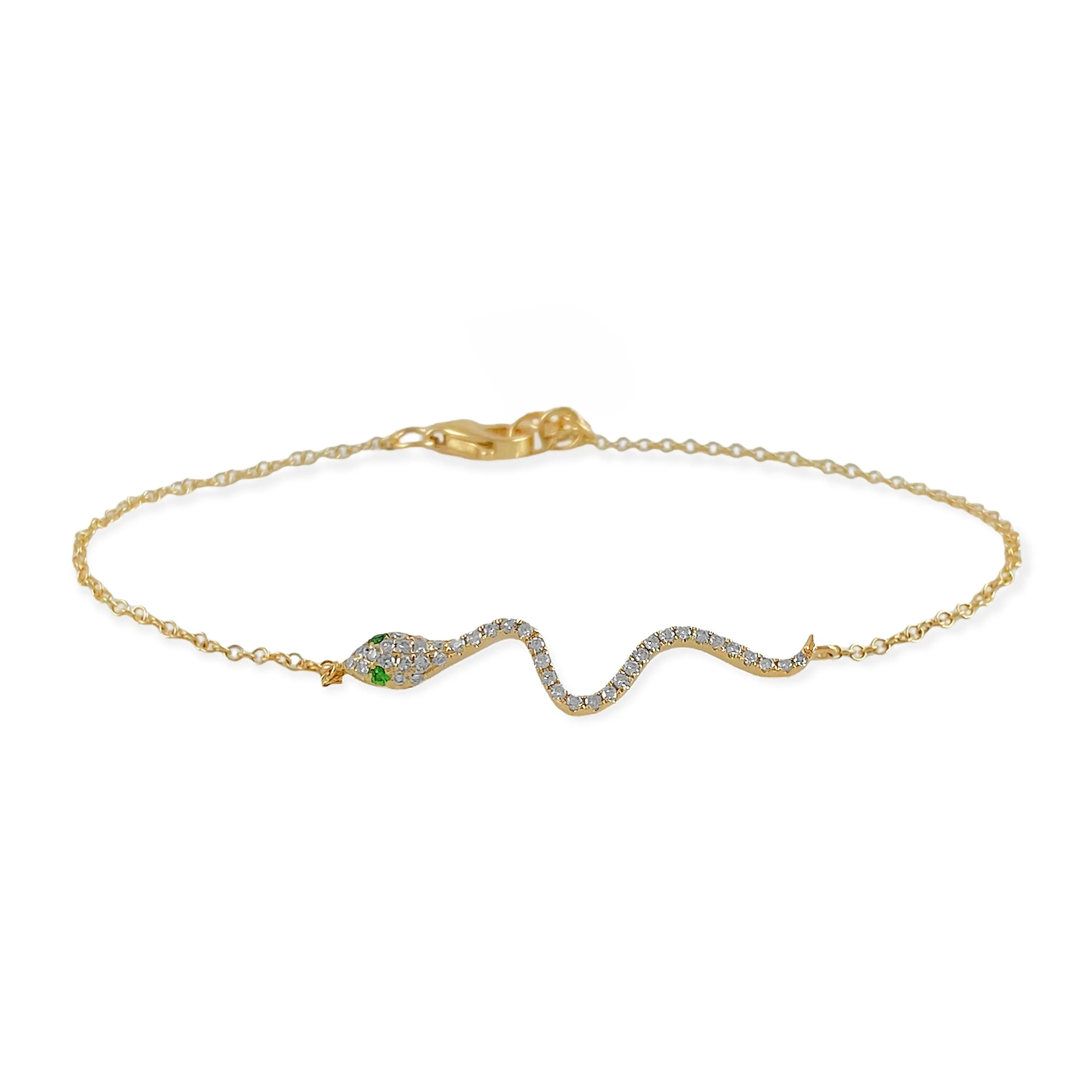 Round Diamonds & Tsavorite in 14K Yellow Gold Trendy Snake Charm Bracelet 7"