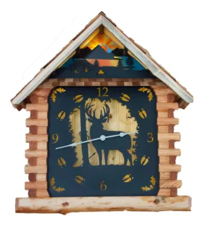 Rustic 3D Log Cabin Wooden Clocks - Wildlife Themed Face