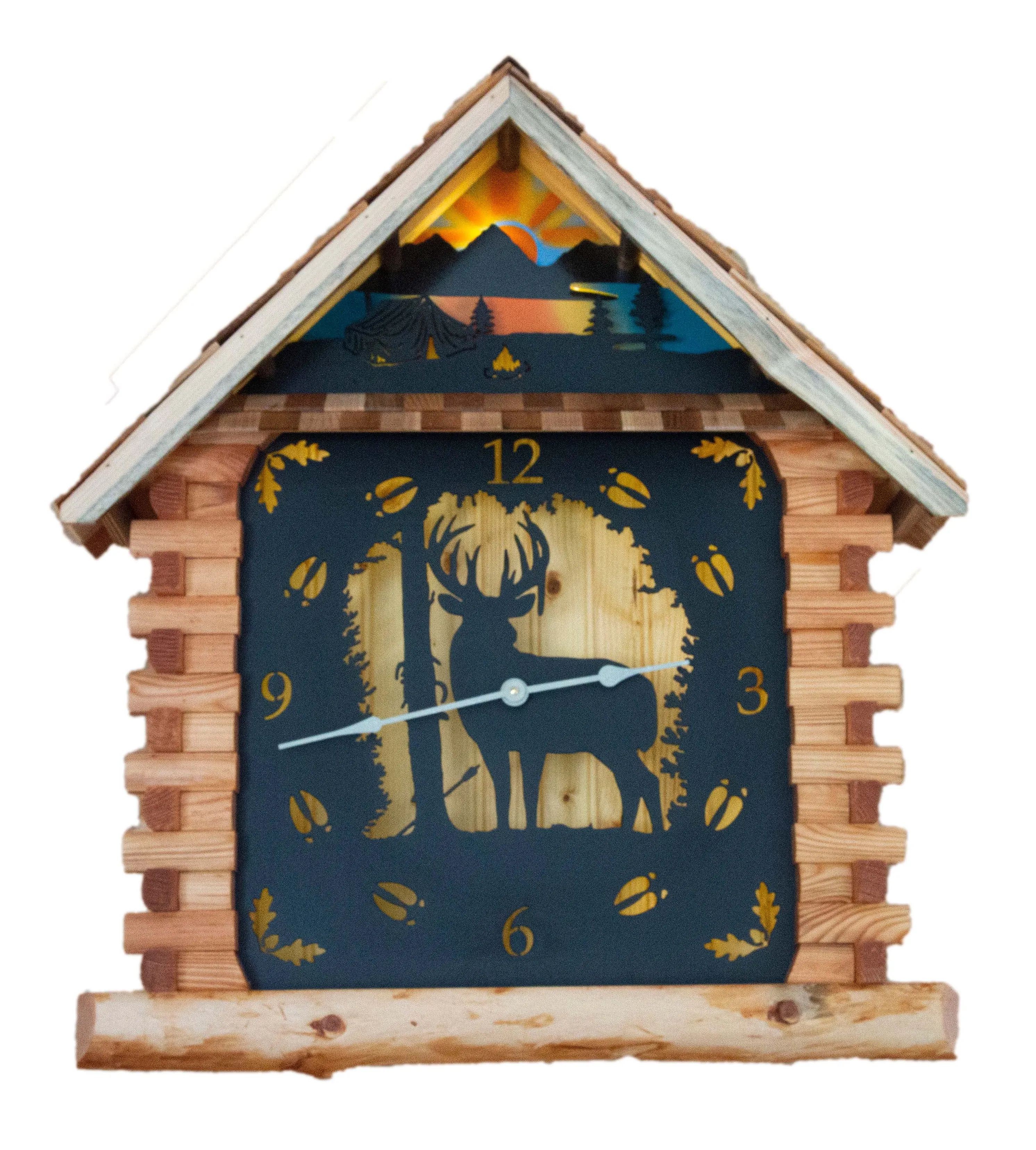 Rustic 3D Log Cabin Wooden Clocks - Wildlife Themed Face
