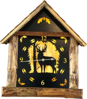 Rustic Log Cabin Wooden Clocks - Metal Wildlife Themed Face
