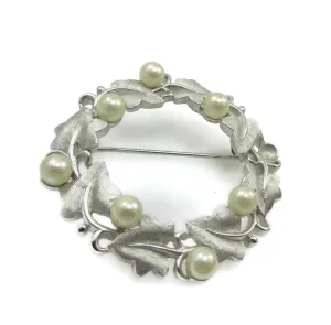 Silver Ivy and Pearls Wreath Brooch
