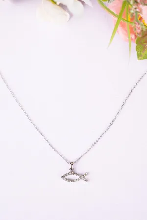 Silvertone Crystal Jesus Fish Necklace