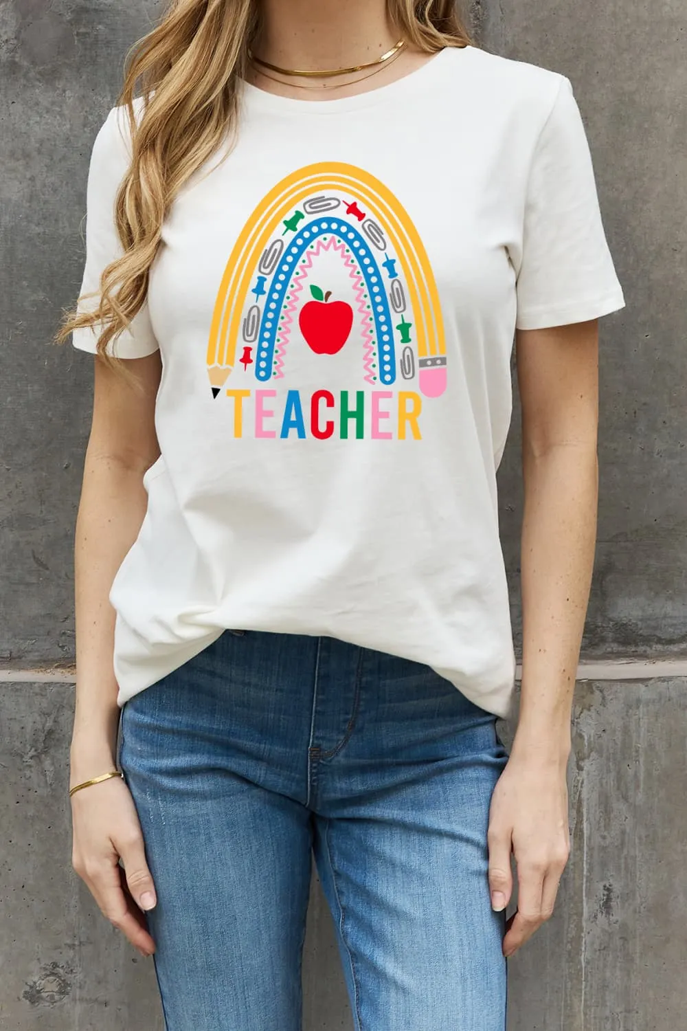 Simply Love Full Size TEACHER Rainbow Graphic Cotton Tee (2 Colors)