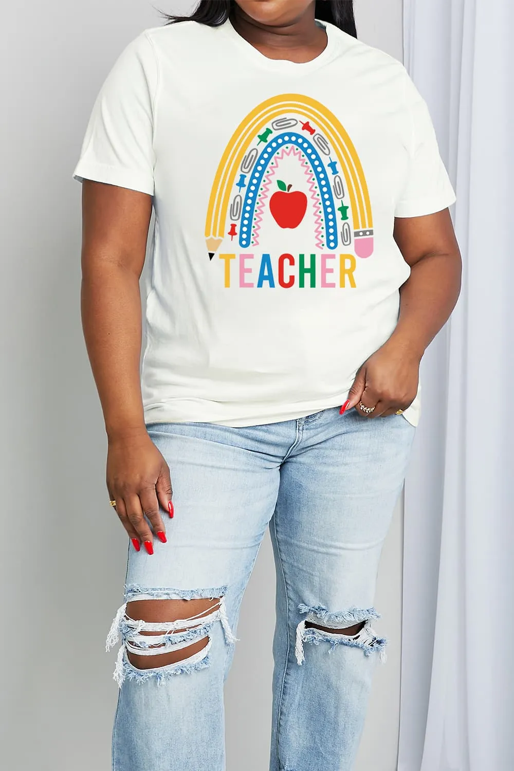 Simply Love Full Size TEACHER Rainbow Graphic Cotton Tee (2 Colors)