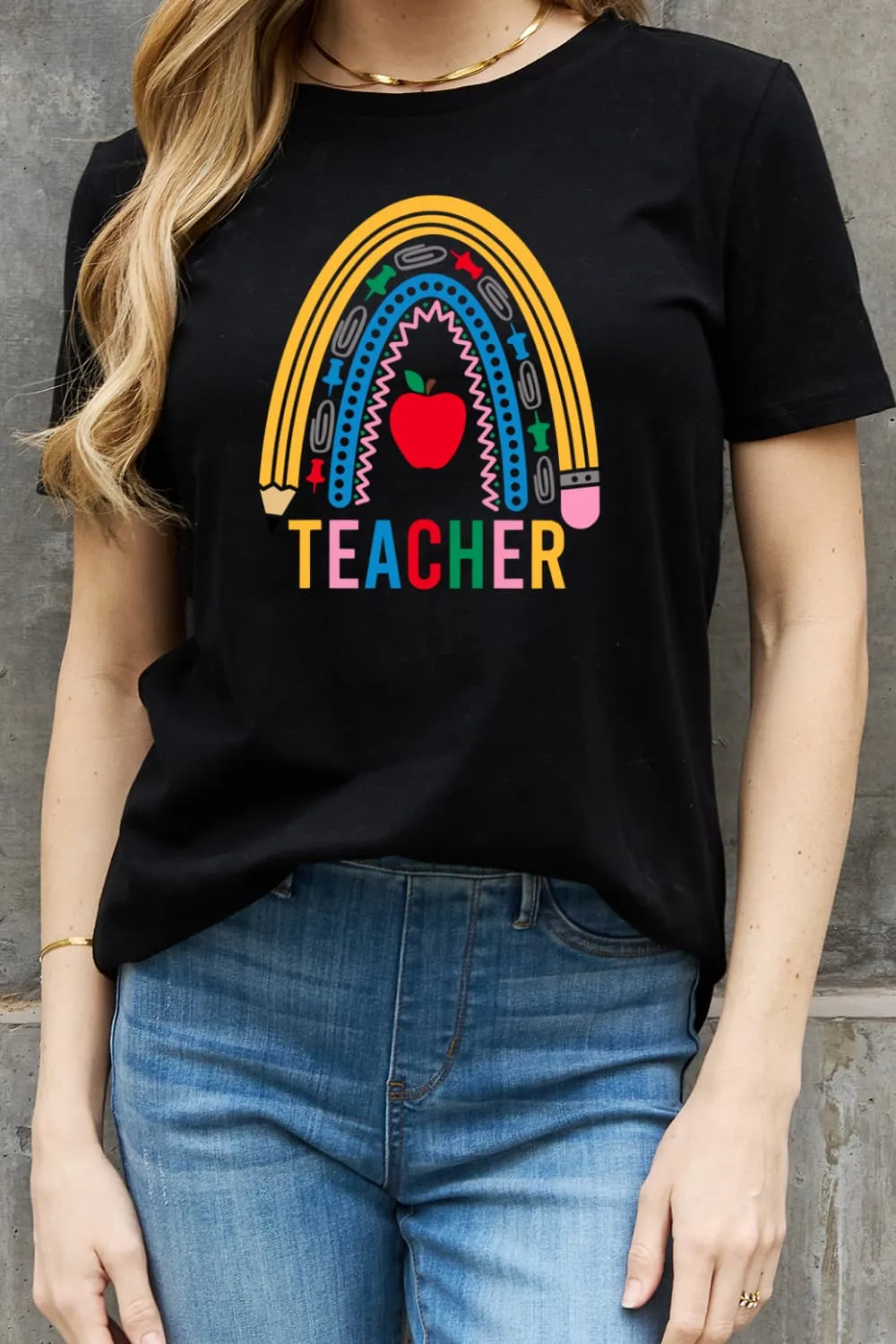 Simply Love Full Size TEACHER Rainbow Graphic Cotton Tee (2 Colors)