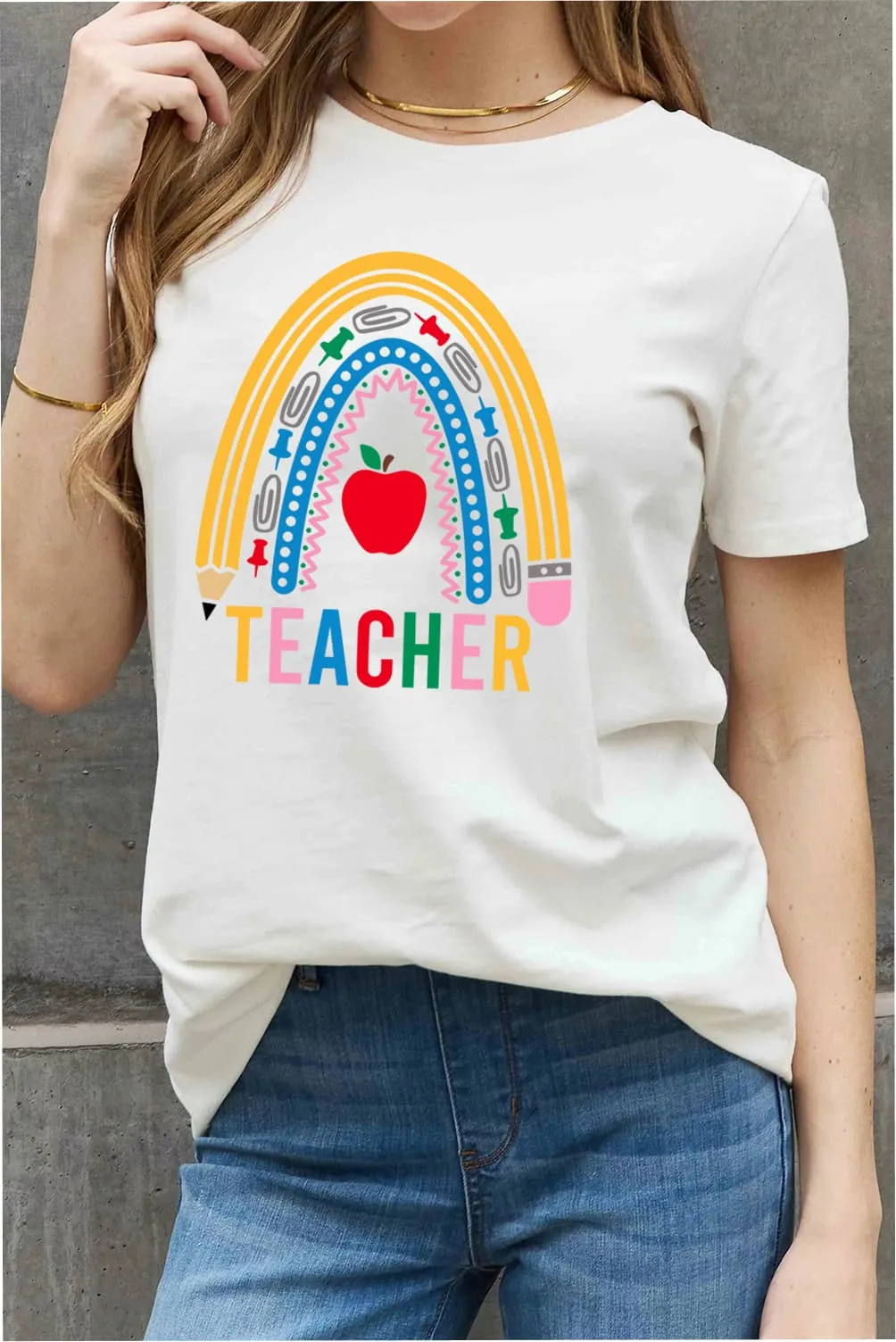 Simply Love Full Size TEACHER Rainbow Graphic Cotton Tee (2 Colors)