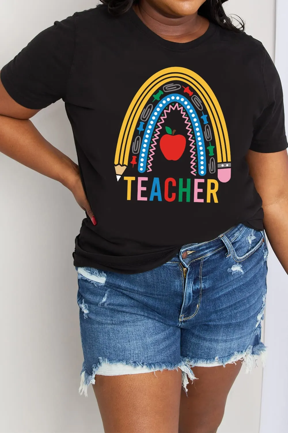 Simply Love Full Size TEACHER Rainbow Graphic Cotton Tee (2 Colors)