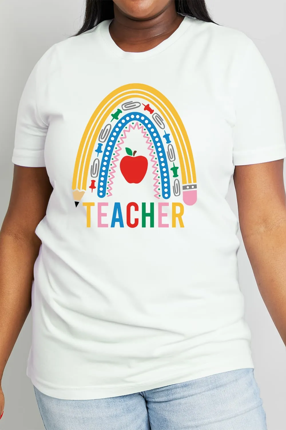Simply Love Full Size TEACHER Rainbow Graphic Cotton Tee (2 Colors)