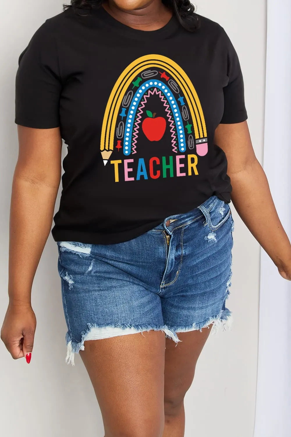 Simply Love Full Size TEACHER Rainbow Graphic Cotton Tee (2 Colors)