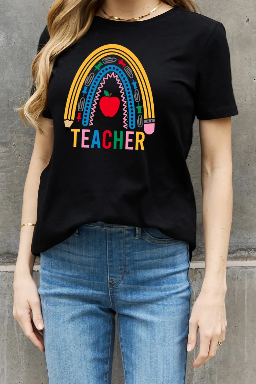 Simply Love Full Size TEACHER Rainbow Graphic Cotton Tee (2 Colors)