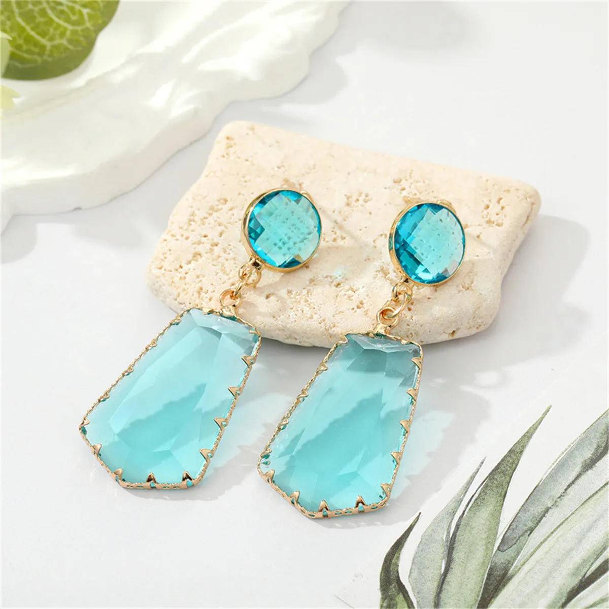 Sky Blue Crystal & 18K Gold-Plated Geo Drop Earrings