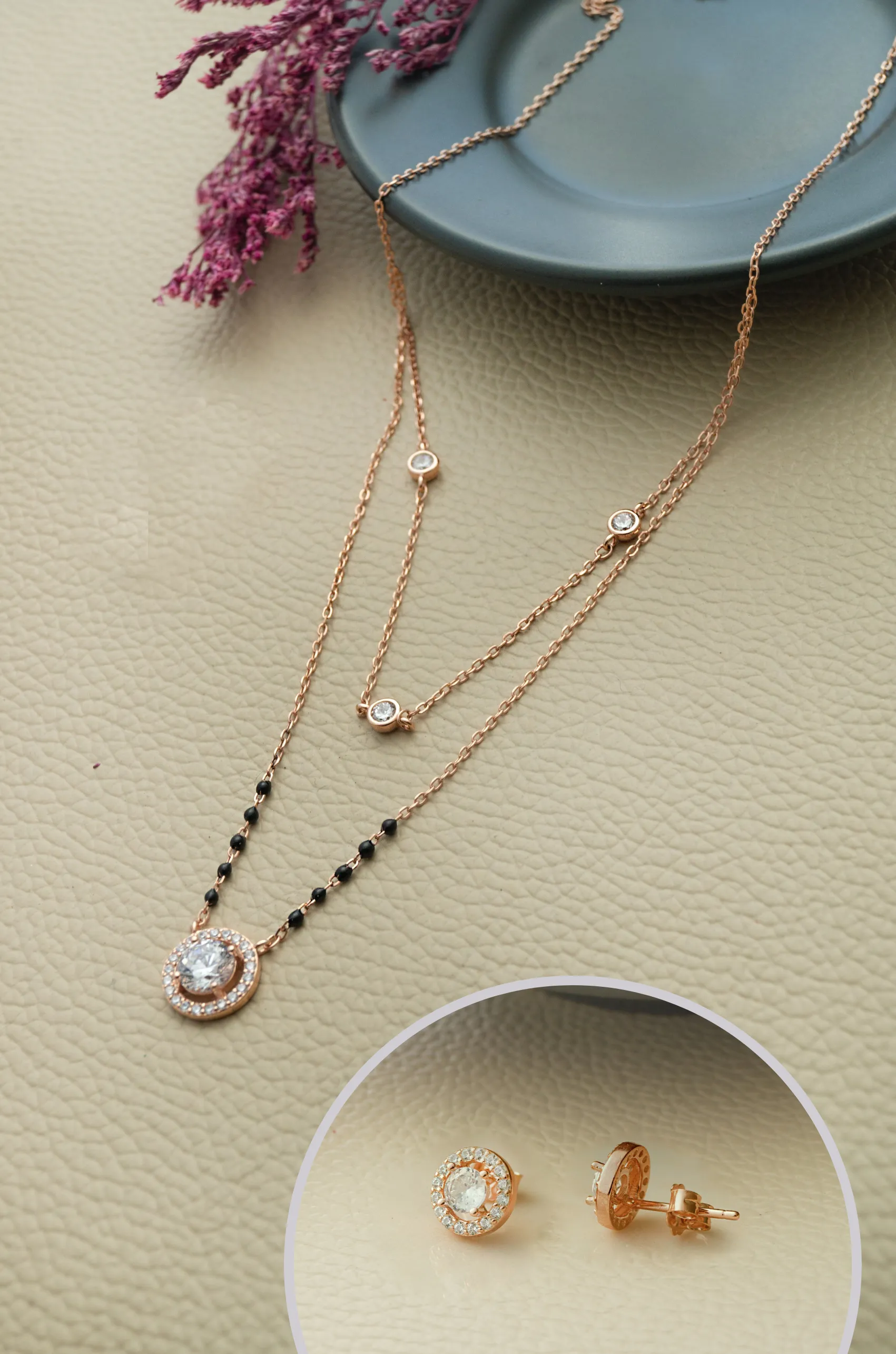 Sparkling Solitaire Multilayer Rose Gold Plated Sterling Silver Mangalsutra Necklace Set