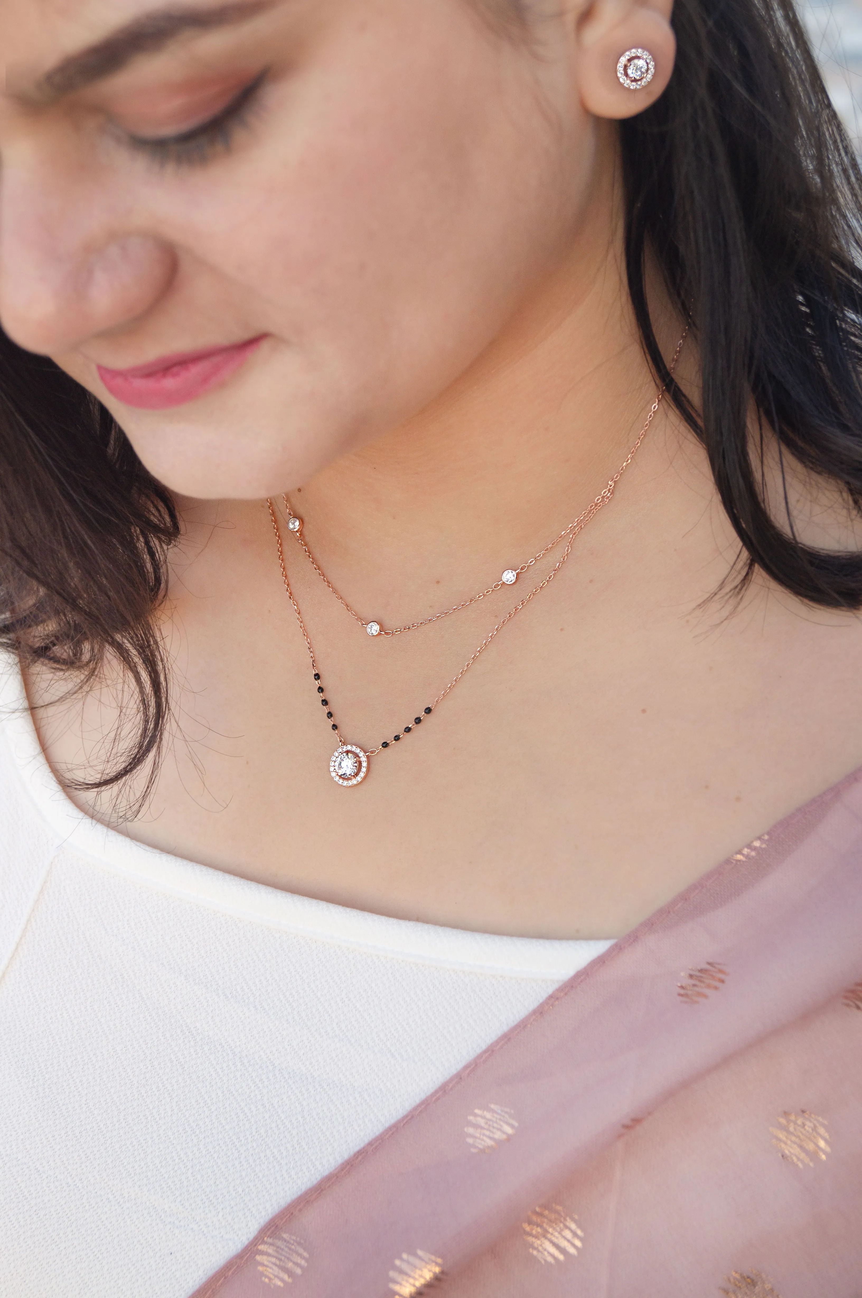 Sparkling Solitaire Multilayer Rose Gold Plated Sterling Silver Mangalsutra Necklace Set