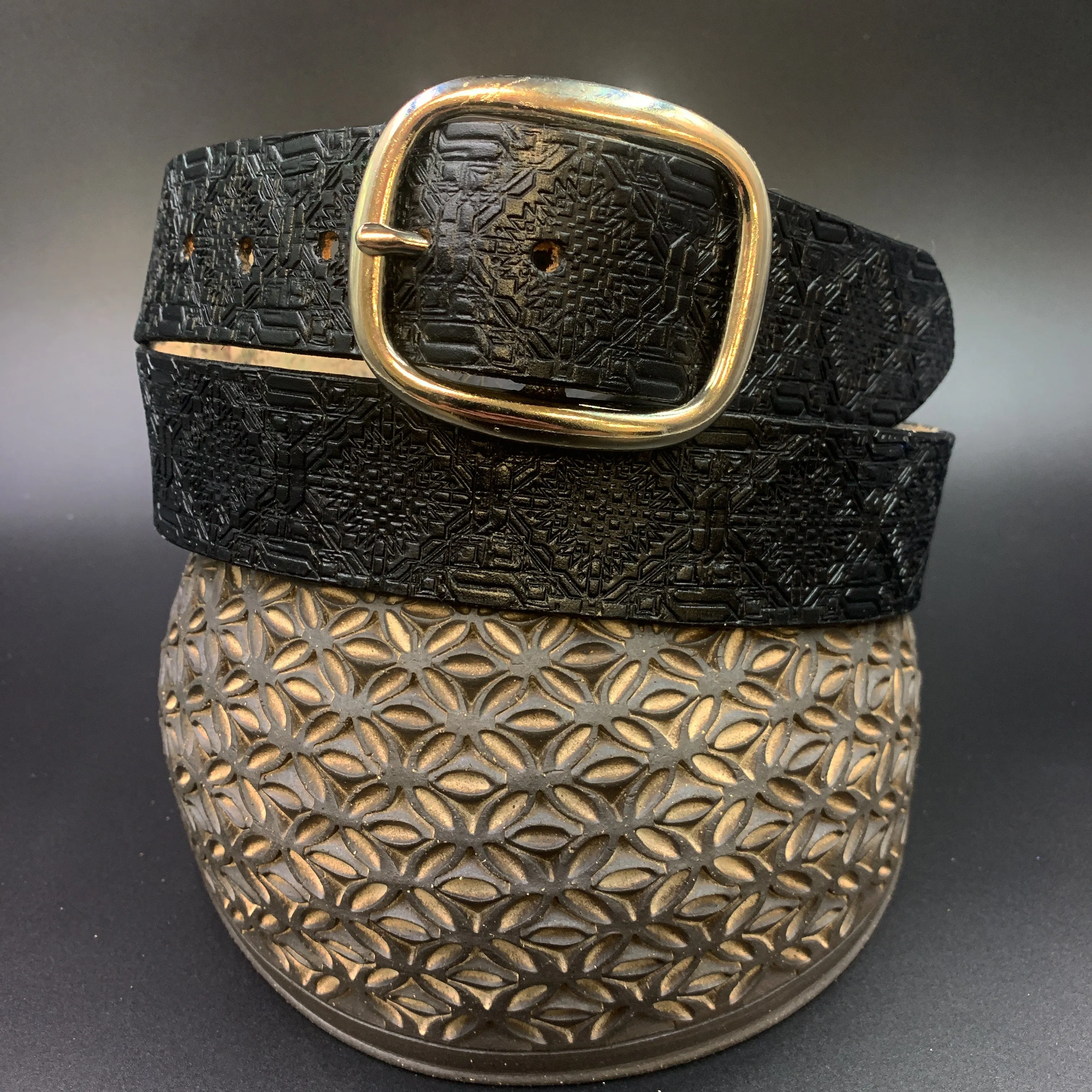 Stamped Leather Belt - Repeating Aztec Pattern