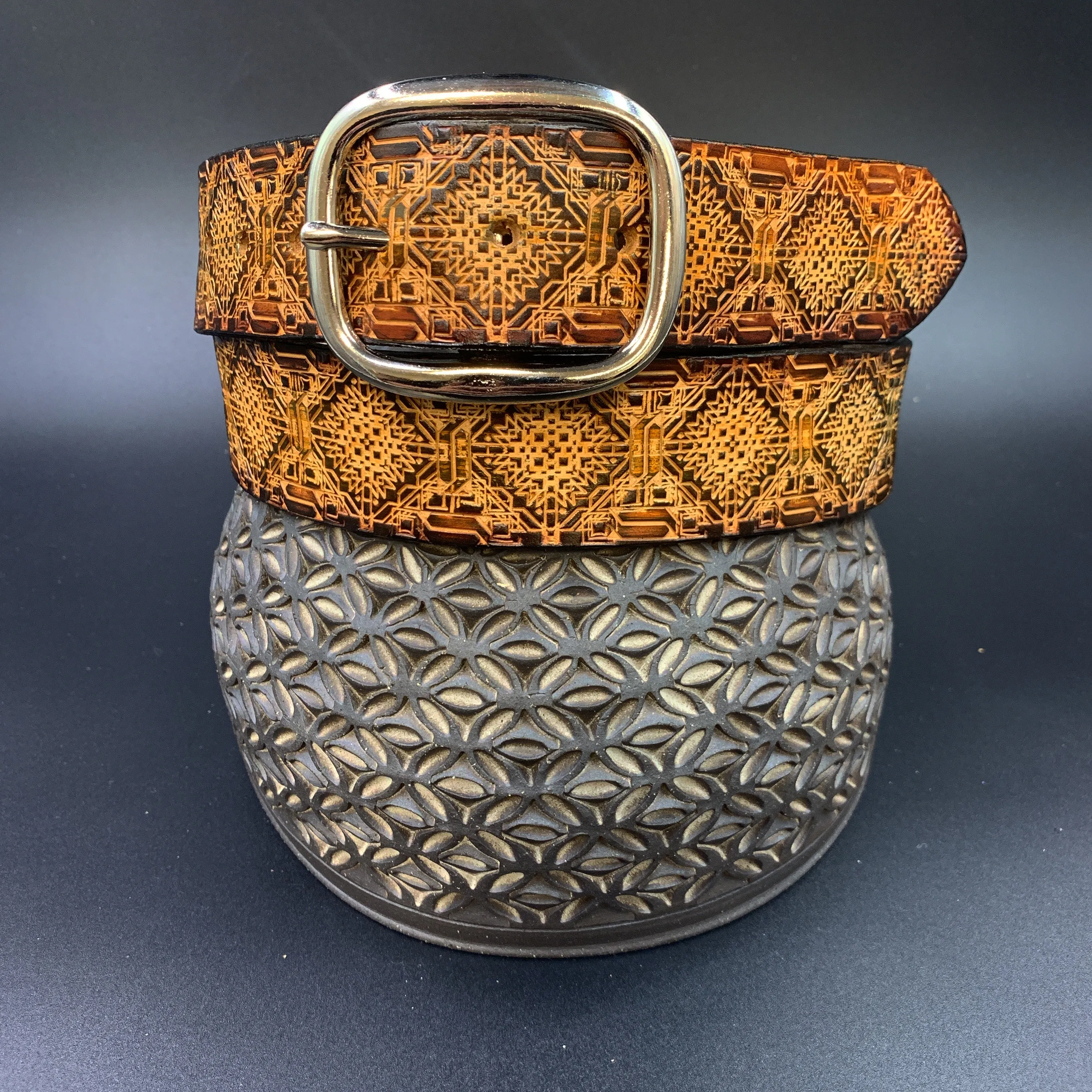 Stamped Leather Belt - Repeating Aztec Pattern