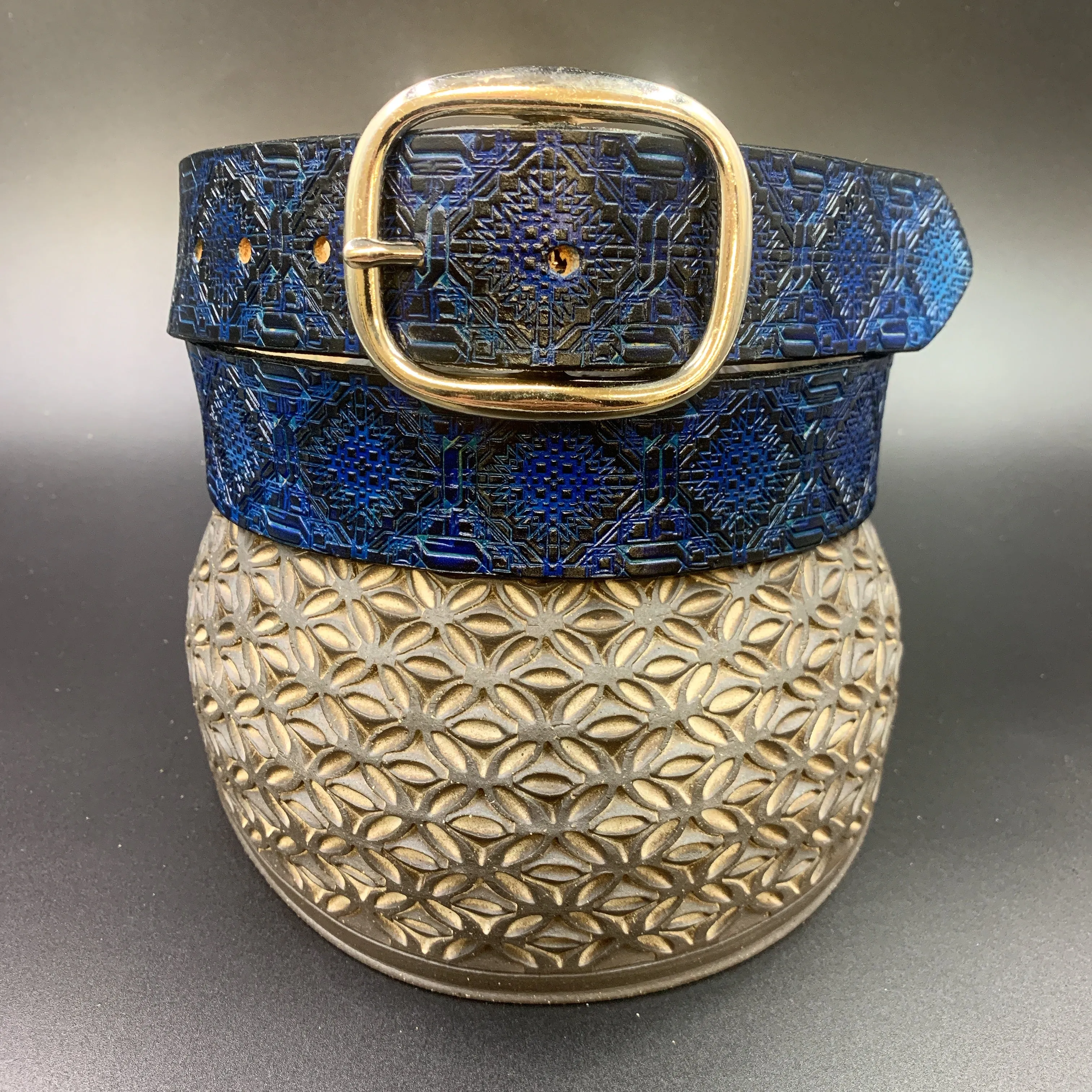 Stamped Leather Belt - Repeating Aztec Pattern