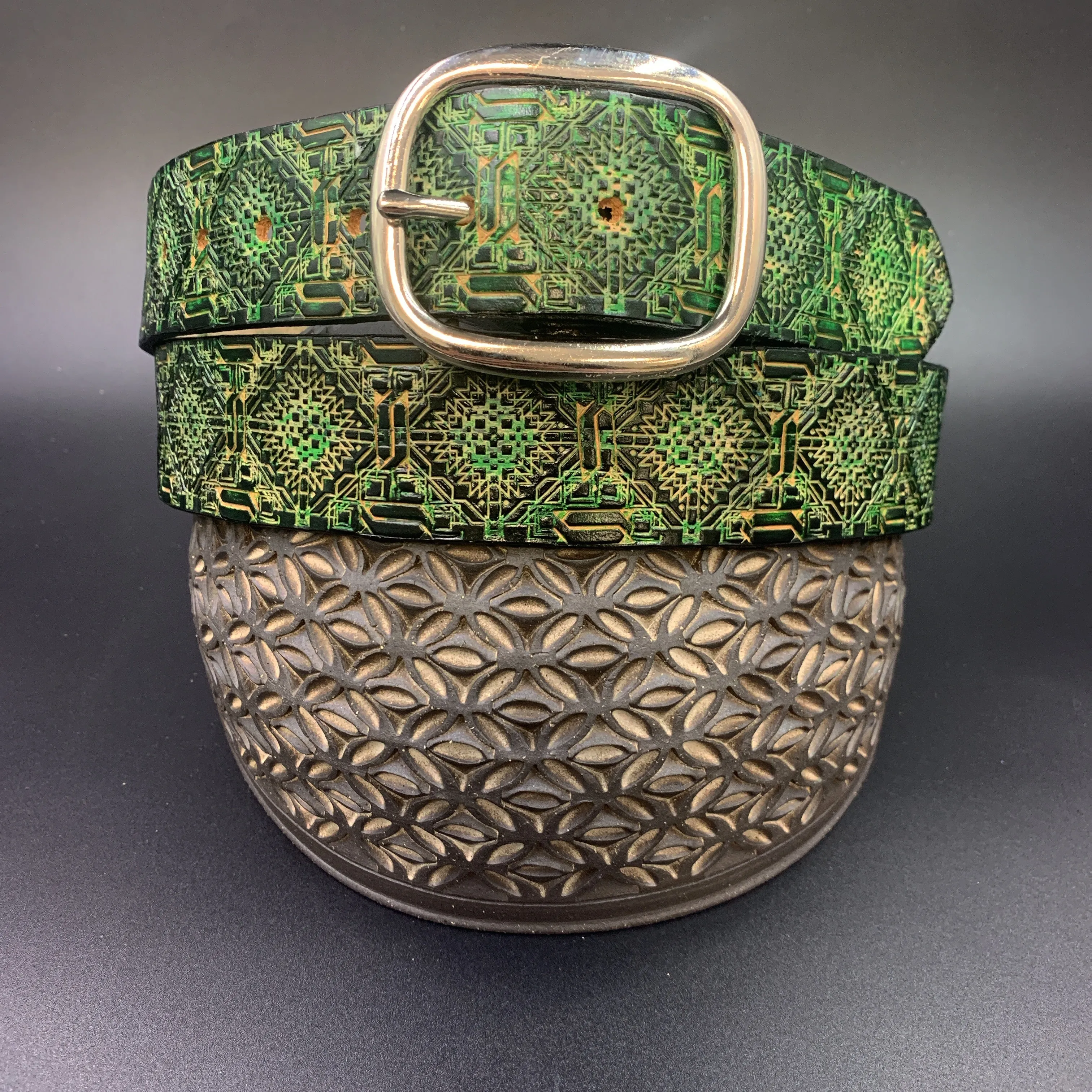 Stamped Leather Belt - Repeating Aztec Pattern