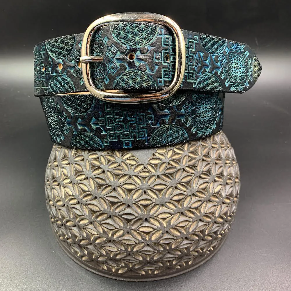 Stamped Leather Belt - Repeating Aztec Pattern