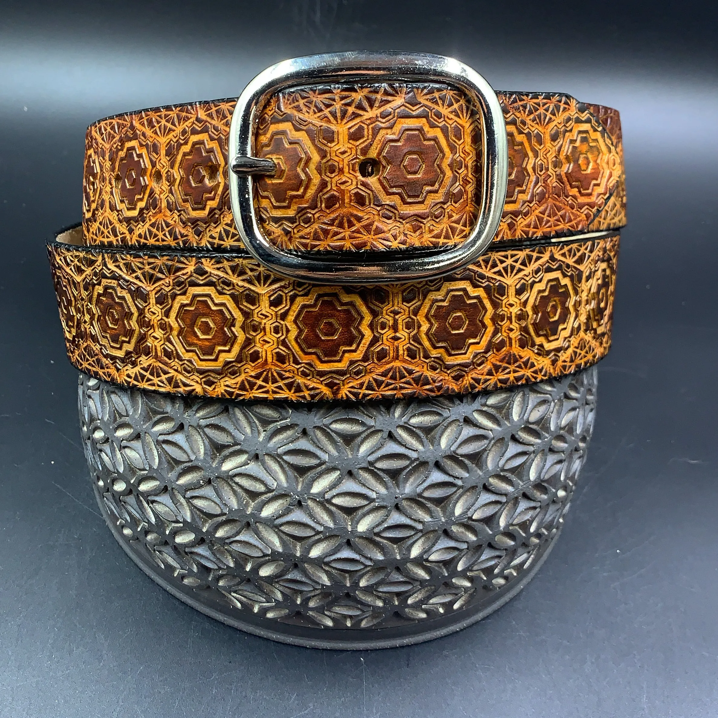 Stamped Leather Belt - Repeating Hexagon Pattern