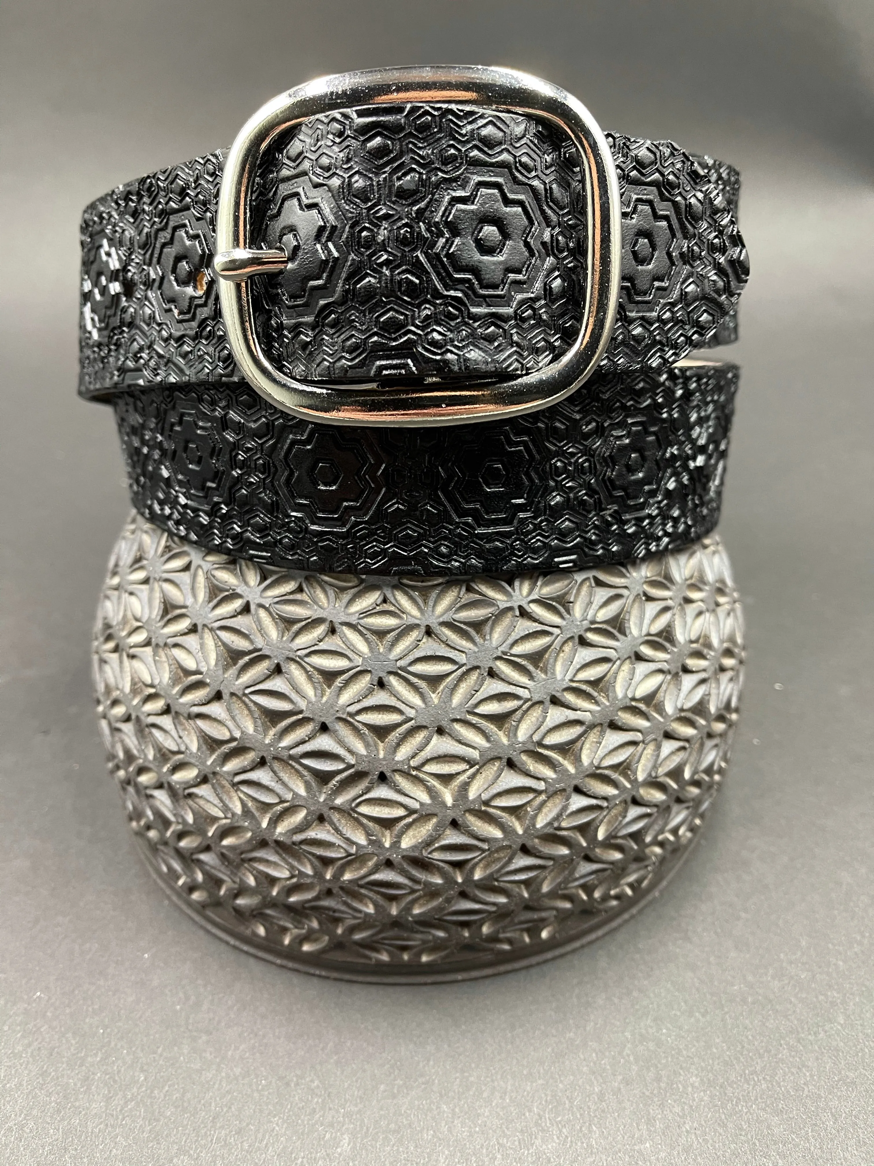 Stamped Leather Belt - Repeating Hexagon Pattern