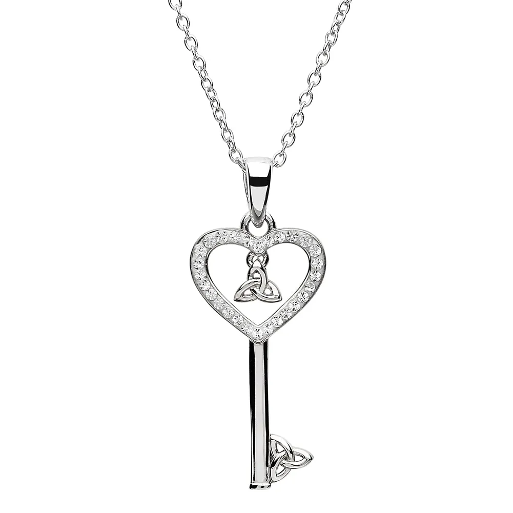 Sterling Silver Celtic Trinity Knot Key Pendant Encrusted with Crystal with Chain SW107