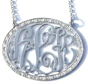 Sterling Silver CZ Oval Rimmed Monogram Necklace