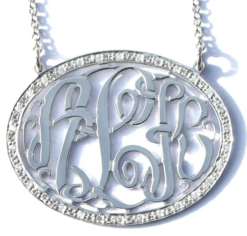 Sterling Silver CZ Oval Rimmed Monogram Necklace