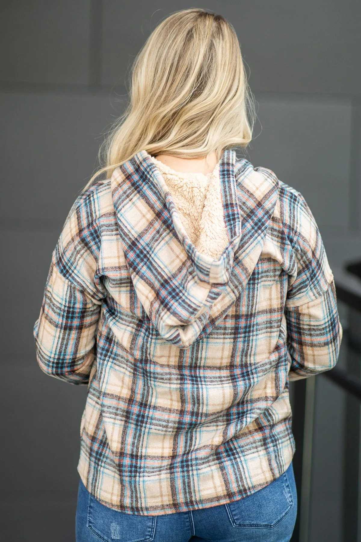 Tan Fleece Hooded Plaid Top