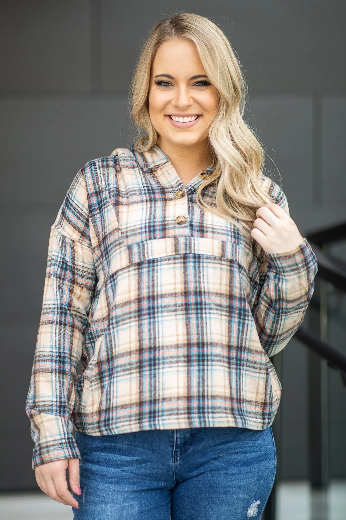 Tan Fleece Hooded Plaid Top