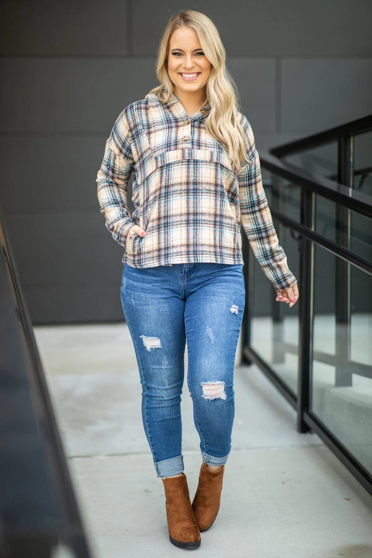 Tan Fleece Hooded Plaid Top
