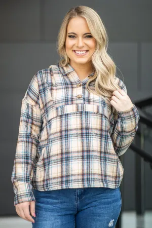 Tan Fleece Hooded Plaid Top