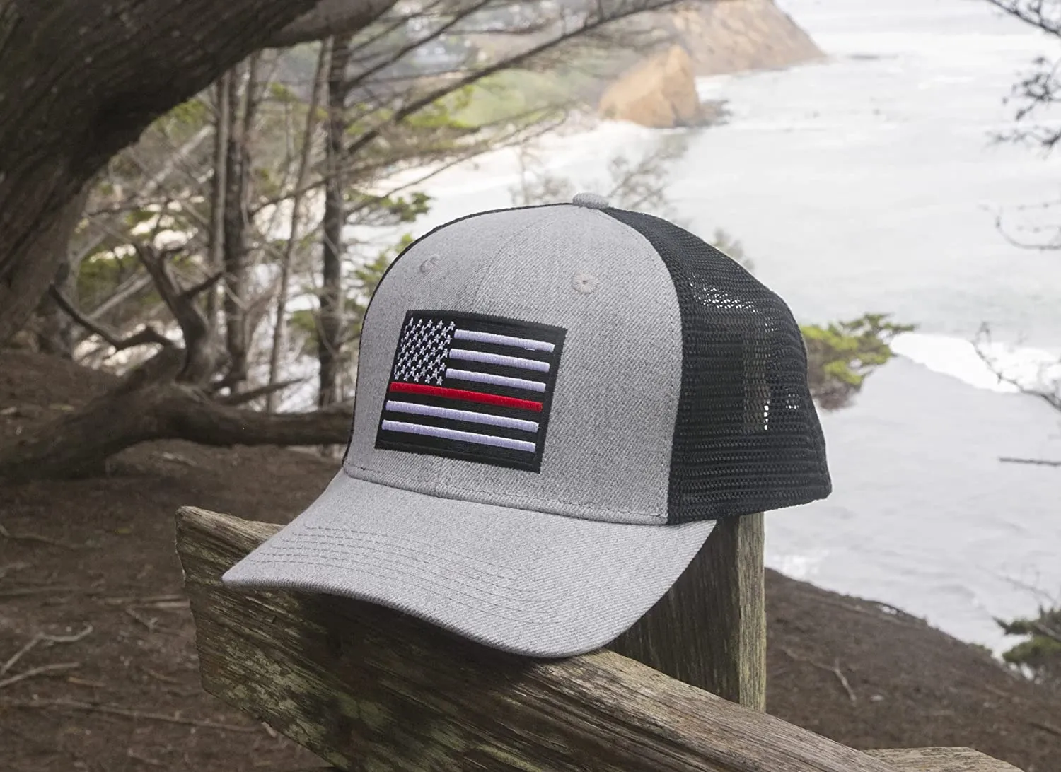 Thin Red Line American Flag Snapback Baseball Hat (Grey Black) - International Tie