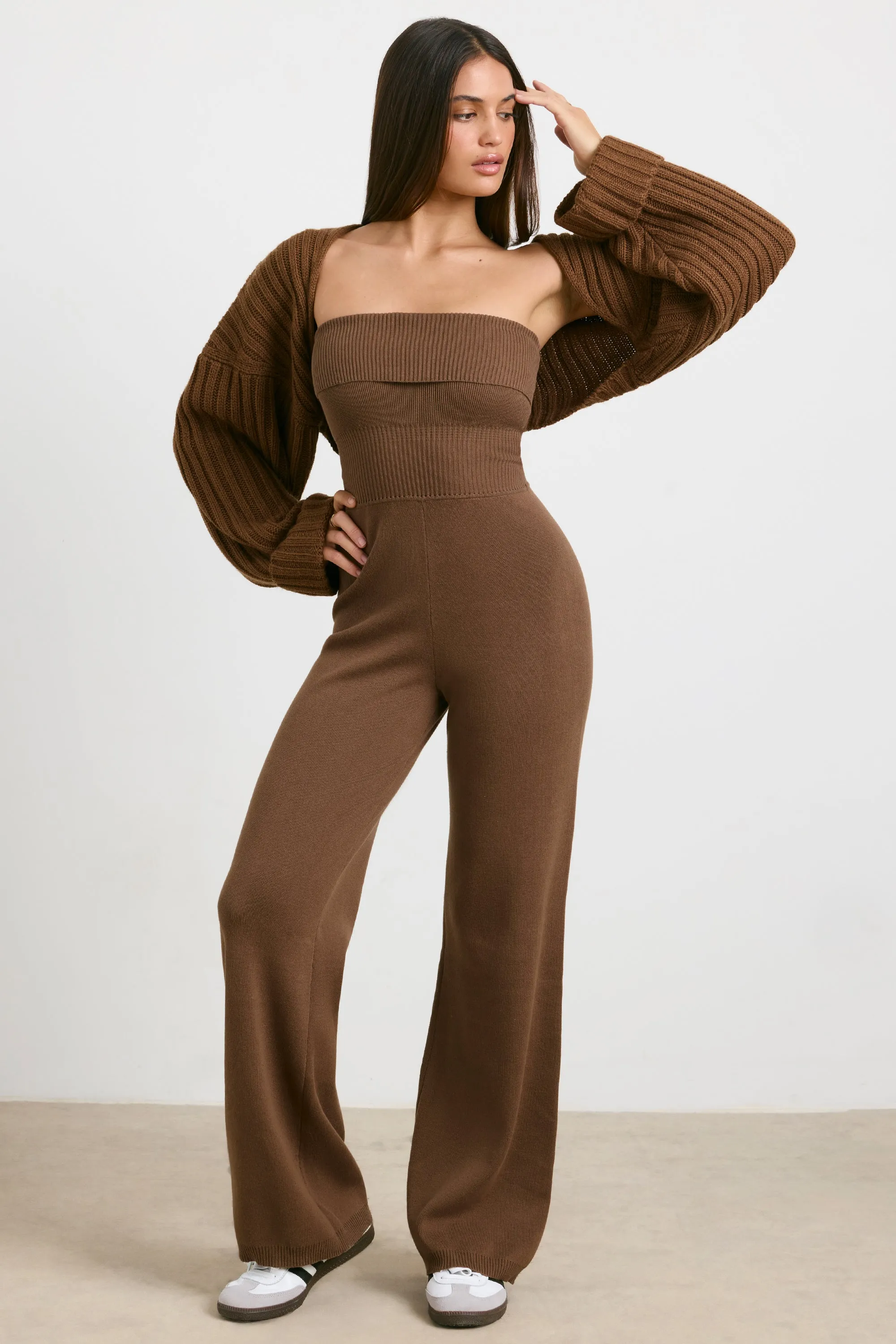 Timeless - Chunky Knit Kick Flare Unitard in Espresso