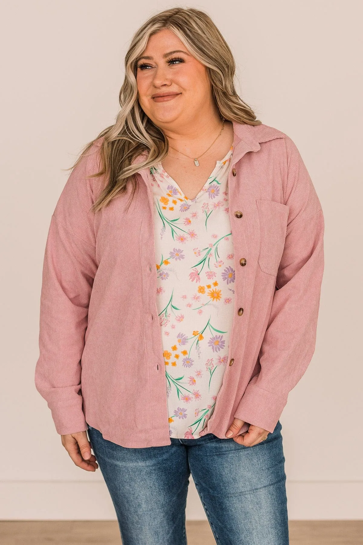 Timeless Memories Corduroy Knit Shirt Jacket- Pink