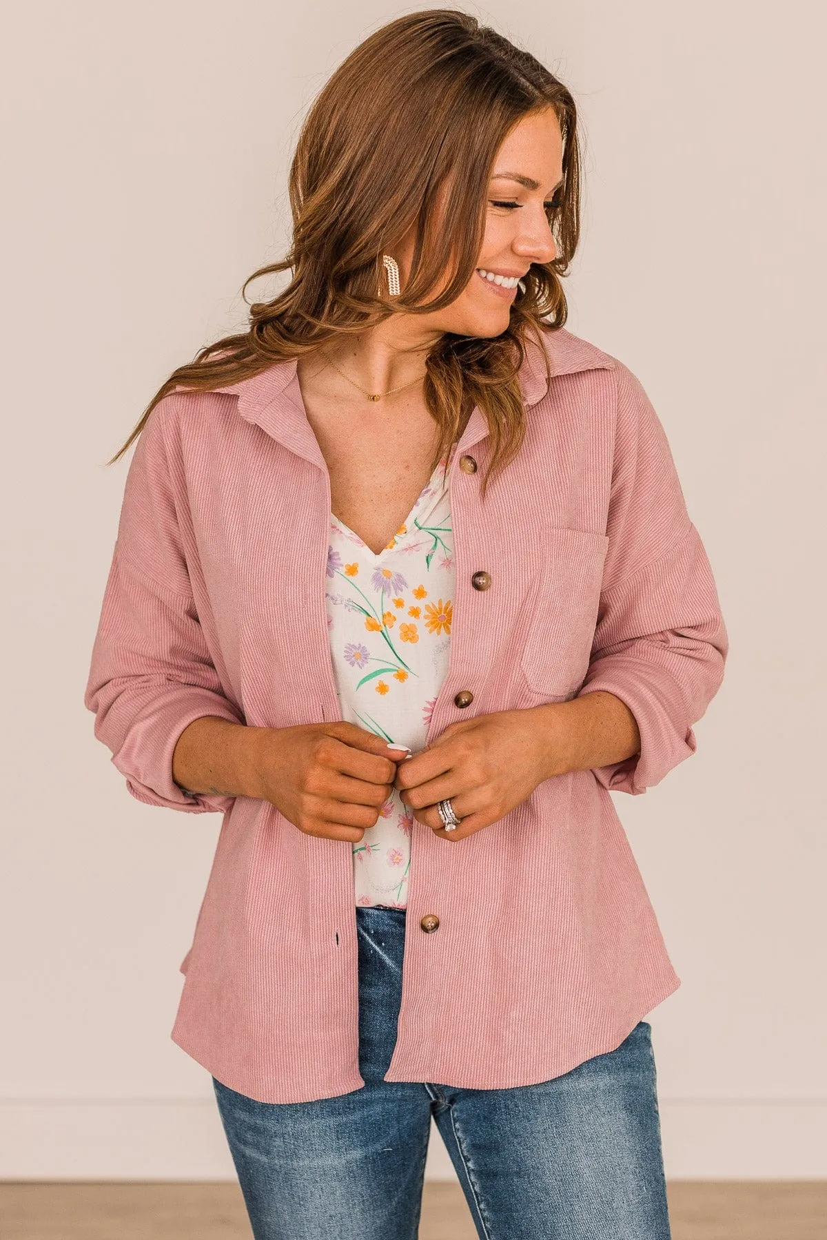 Timeless Memories Corduroy Knit Shirt Jacket- Pink