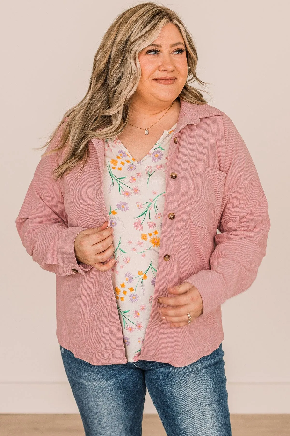 Timeless Memories Corduroy Knit Shirt Jacket- Pink