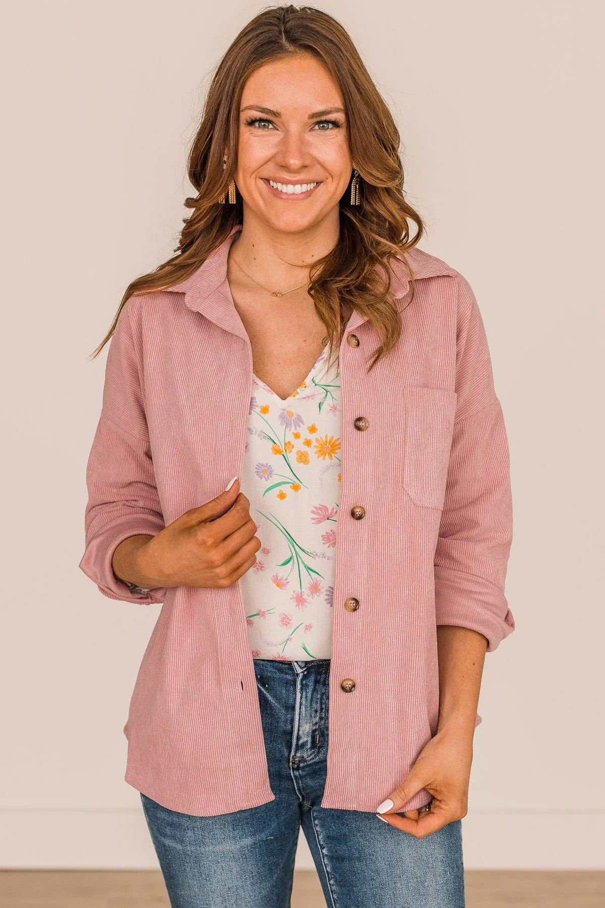 Timeless Memories Corduroy Knit Shirt Jacket- Pink