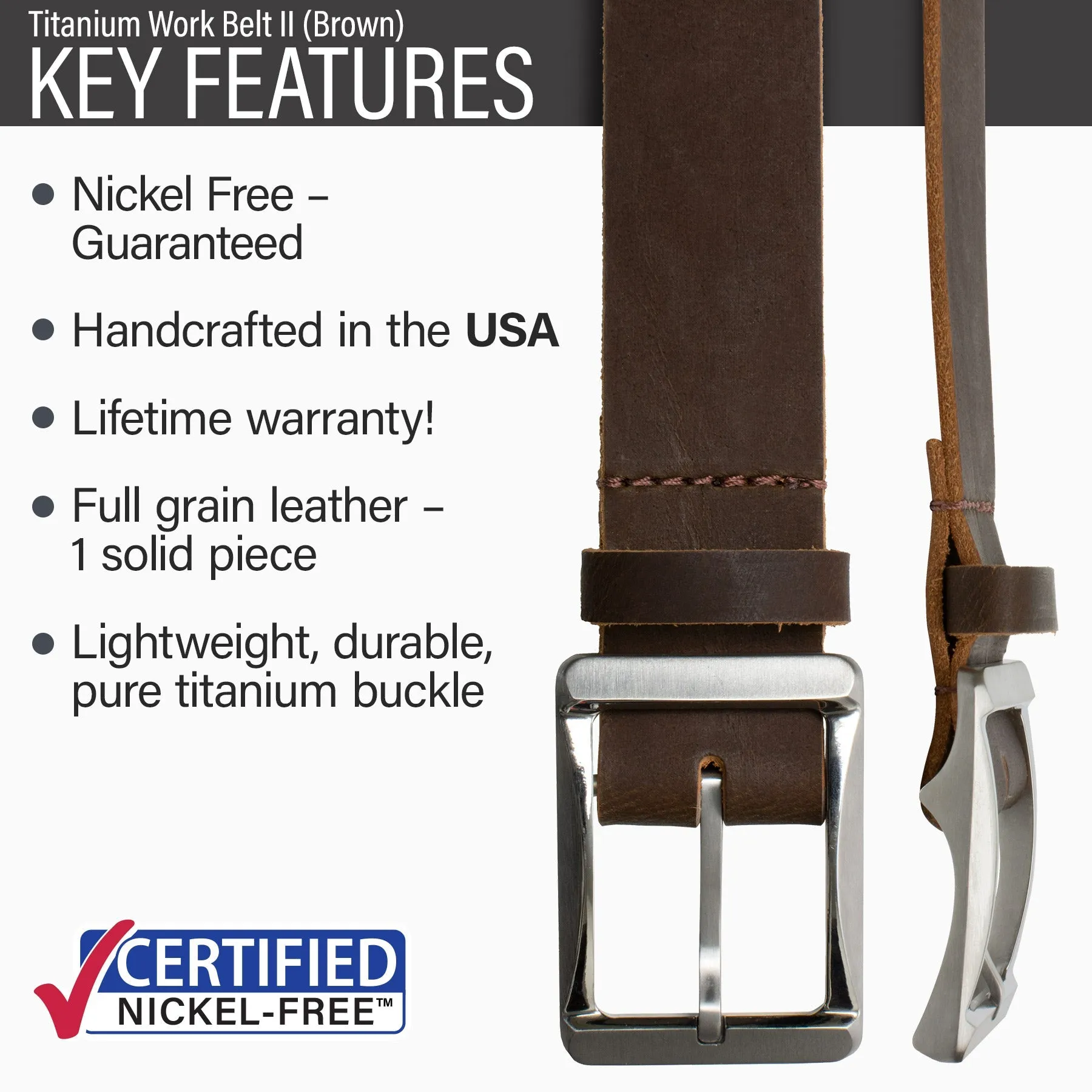 Titanium Brown Leather Work Belt II by Nickel Smart®
