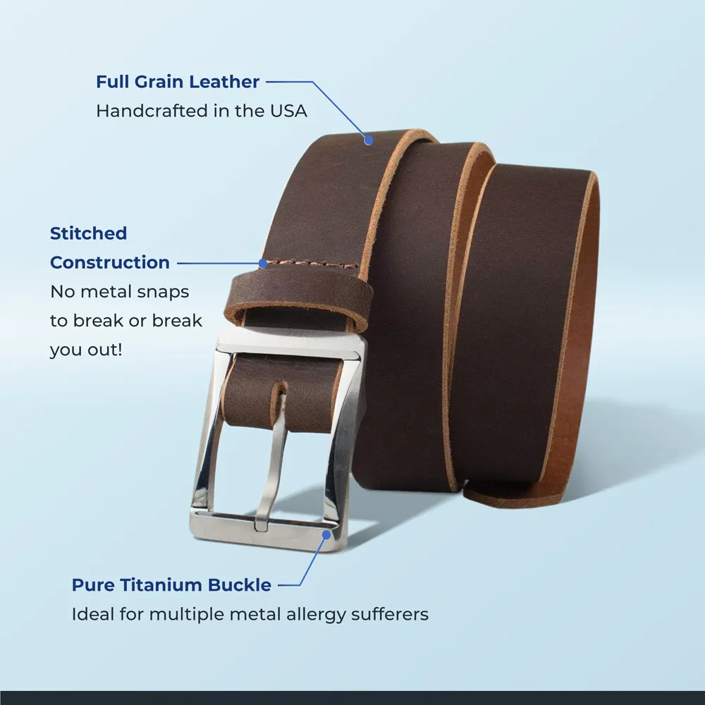 Titanium Brown Leather Work Belt II by Nickel Smart®