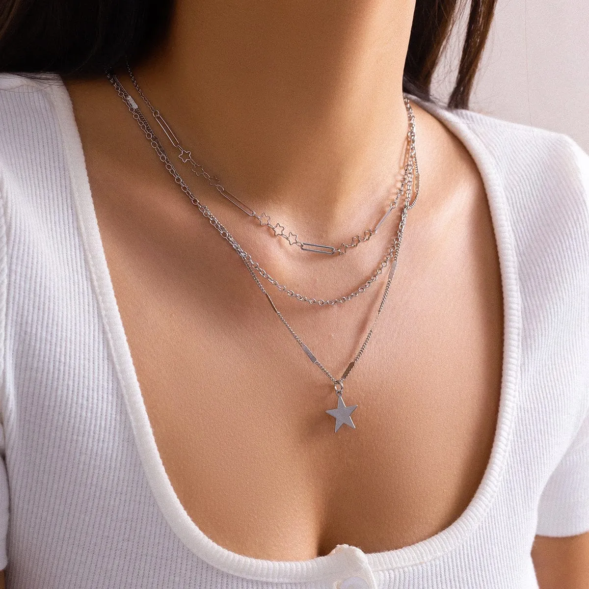 Trendy 3pcs Star Pendant Cable Chain Necklace Set