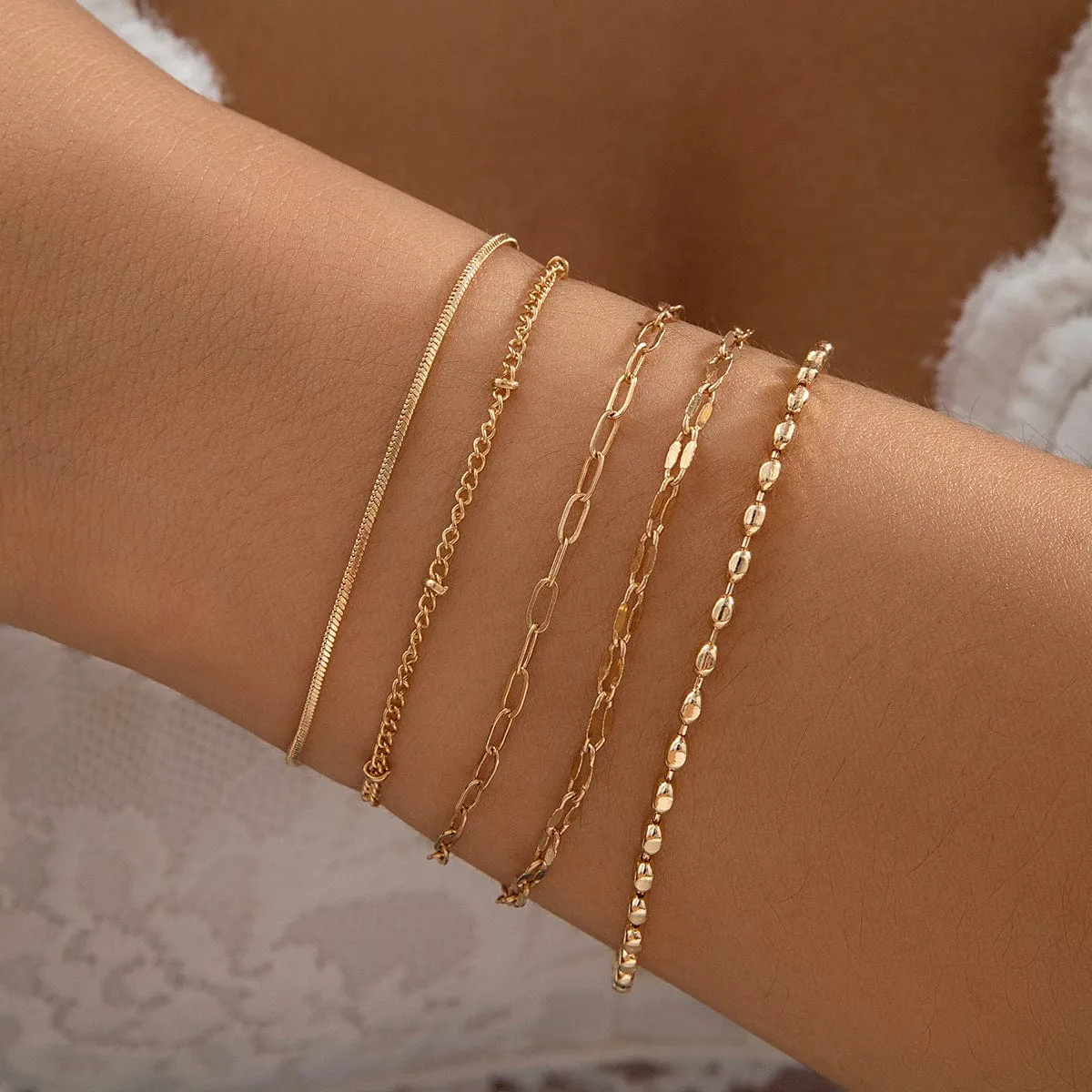 Trendy 5pcs Gold Silver Plated Cable Chain Bracelet Set