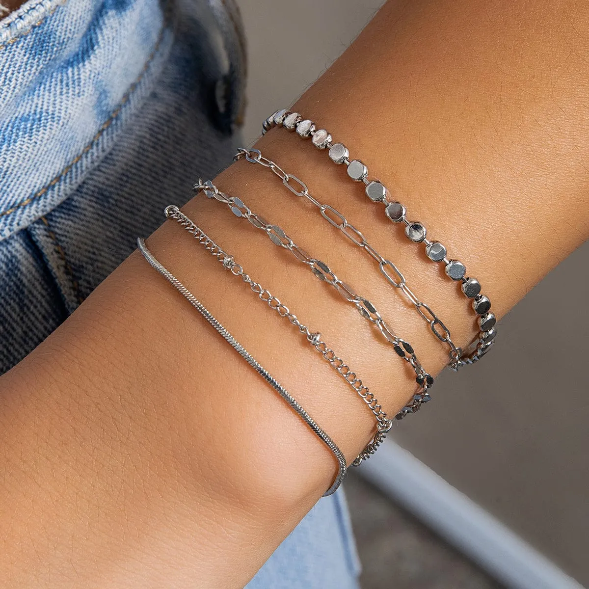 Trendy 5pcs Gold Silver Plated Cable Chain Bracelet Set