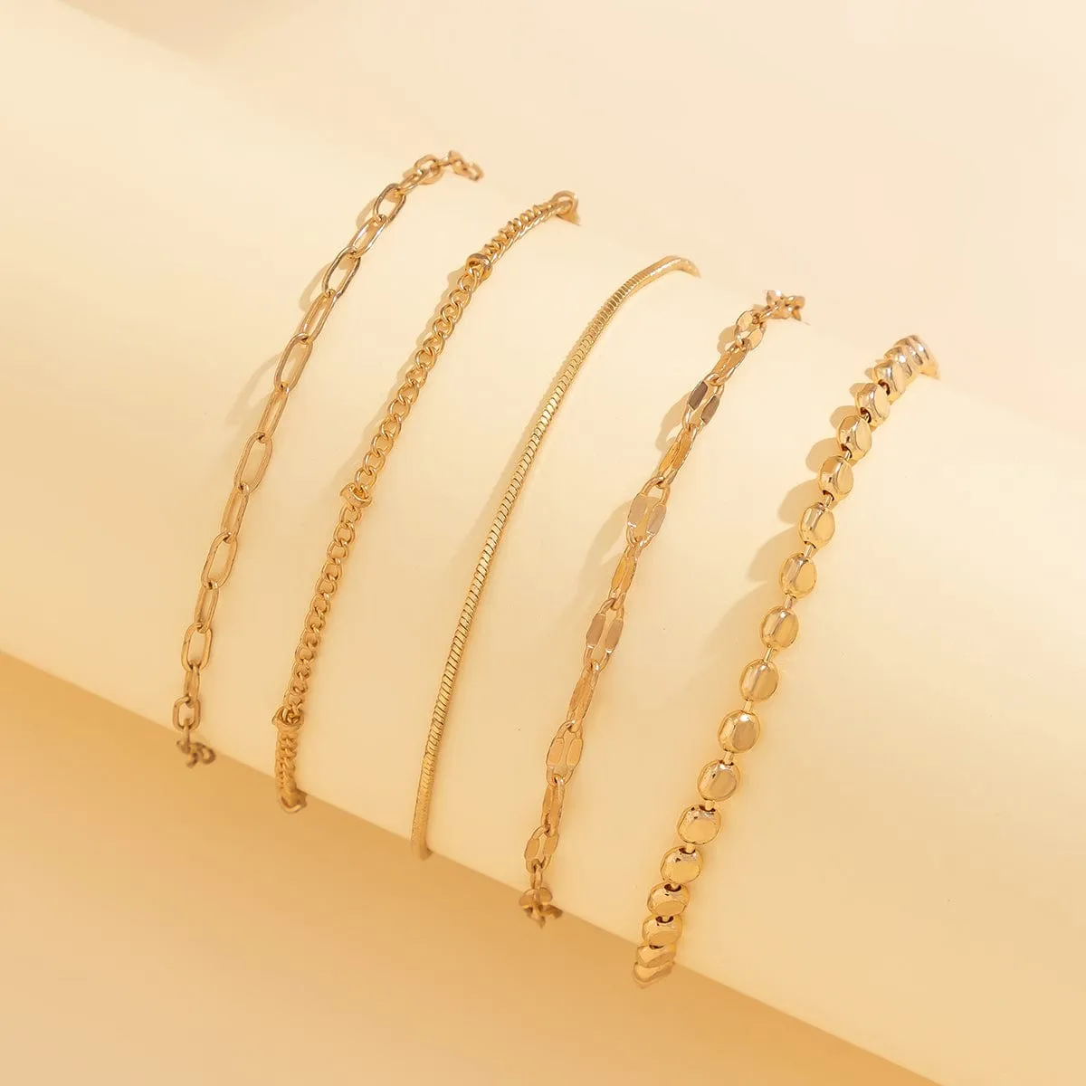Trendy 5pcs Gold Silver Plated Cable Chain Bracelet Set