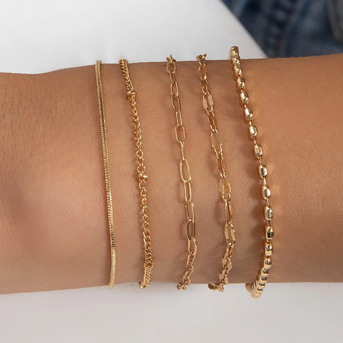 Trendy 5pcs Gold Silver Plated Cable Chain Bracelet Set