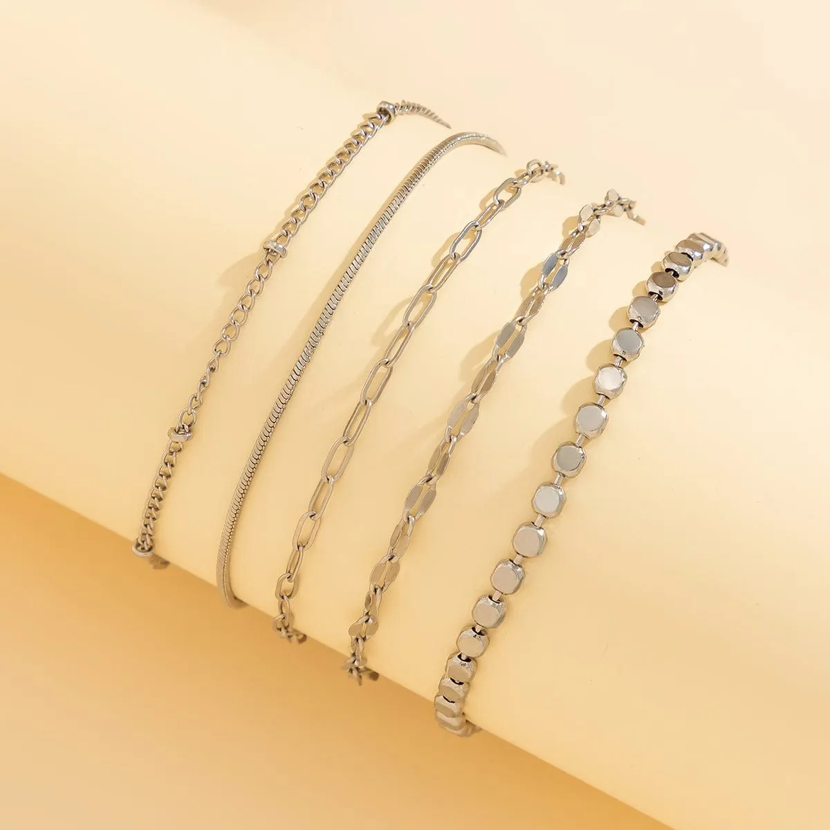 Trendy 5pcs Gold Silver Plated Cable Chain Bracelet Set