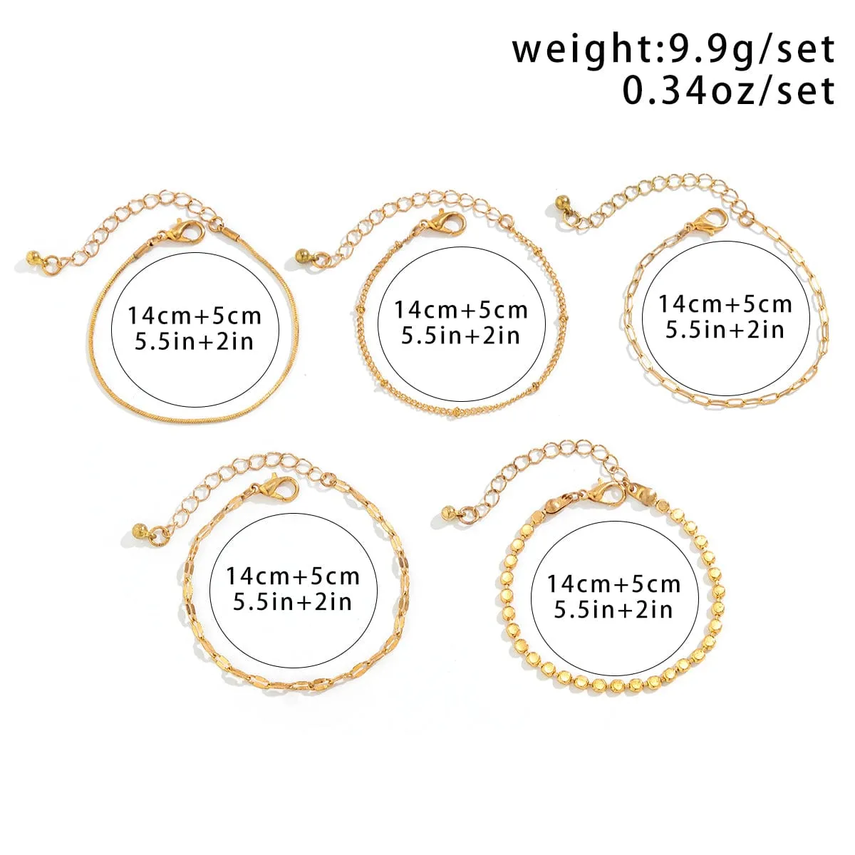 Trendy 5pcs Gold Silver Plated Cable Chain Bracelet Set