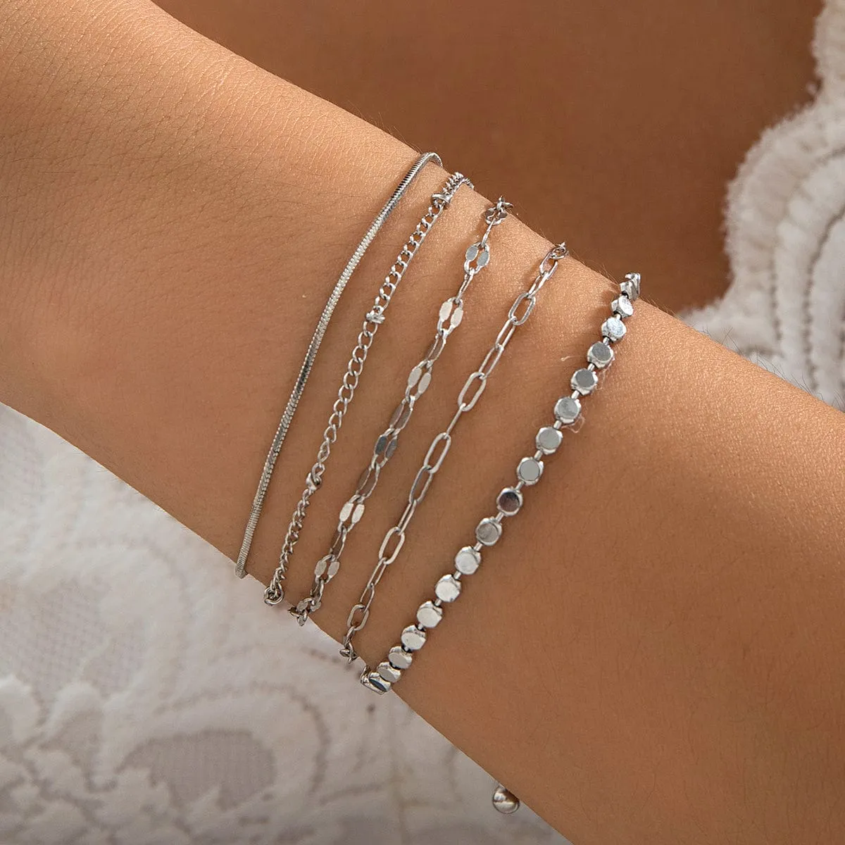 Trendy 5pcs Gold Silver Plated Cable Chain Bracelet Set