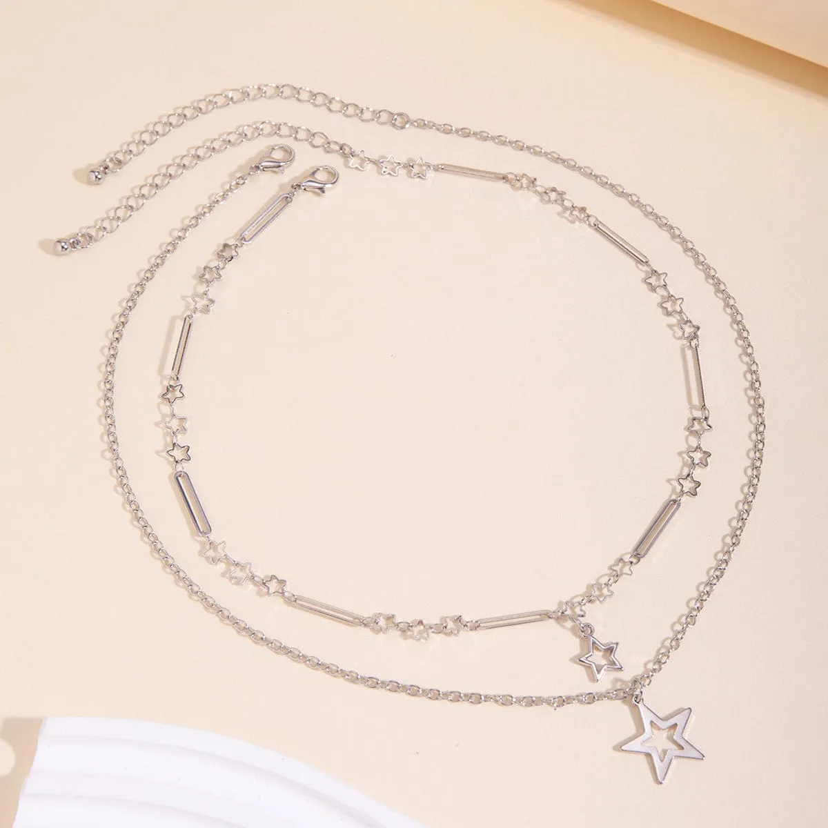 Trendy Layered Hollow Star Pendant Cable Chain Necklace Set